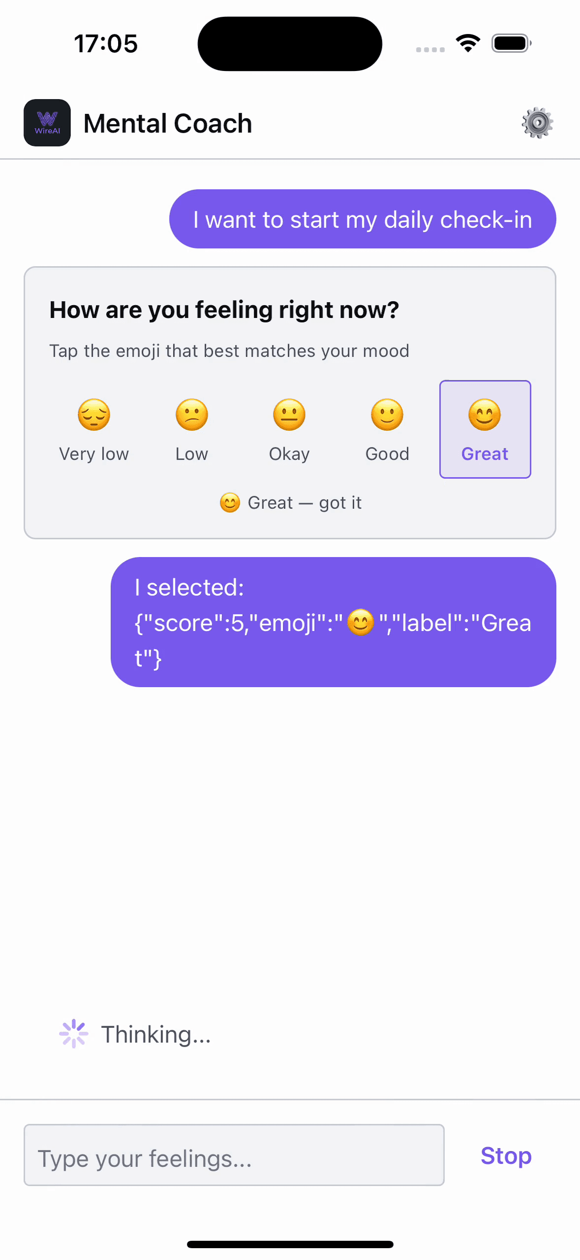 Wire RN mental health check-in — screen 1 of 7