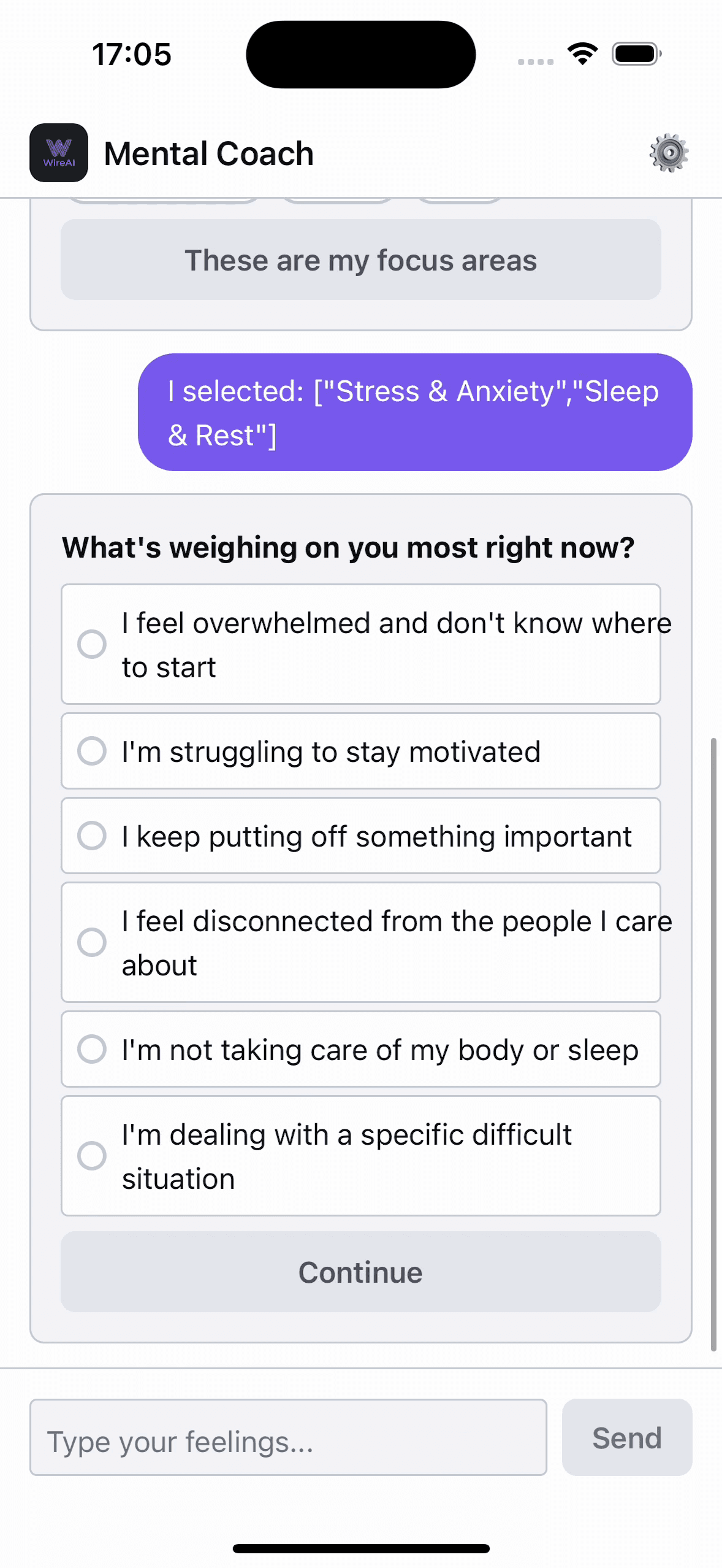 Wire RN mental health check-in — screen 2 of 7