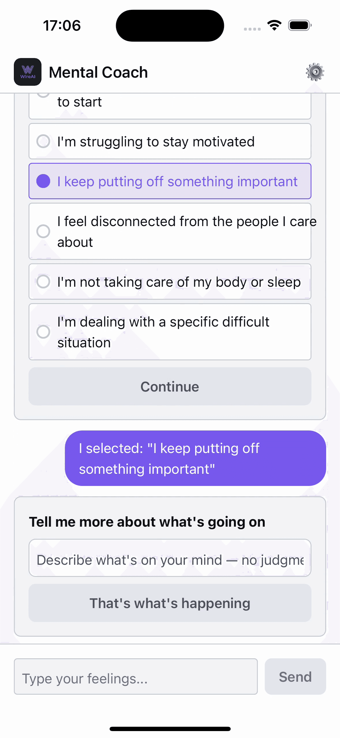 Wire RN mental health check-in — screen 3 of 7