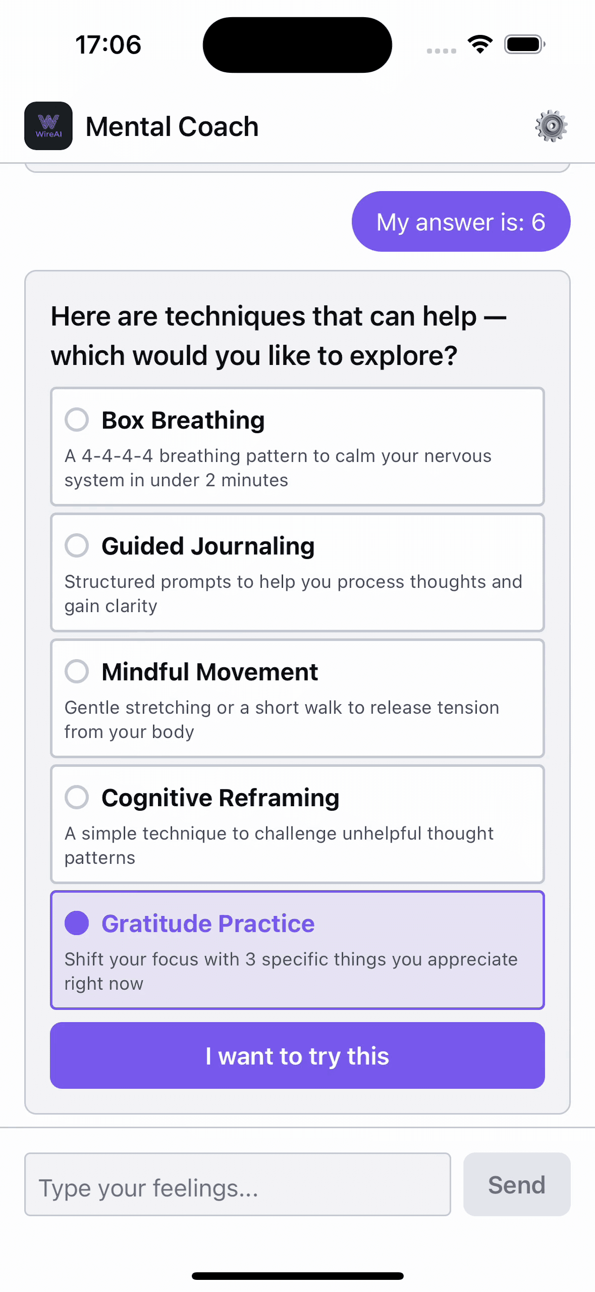 Wire RN mental health check-in — screen 6 of 7