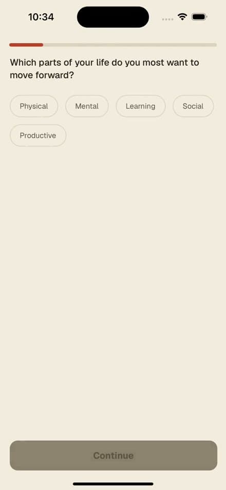 Morrow Self onboarding screen asking which parts of your life you most want to move forward, with selectable chips.